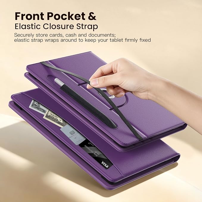 MoKo for Universal 11 inch Android Tablet Case with Pen Holder, Purple | Fits All 9.6-11 inch Tablets, Slim 360 Degree Rotating Cover, Multi-Angle Stand, Front Pocket, No fit iPad/NO back opening