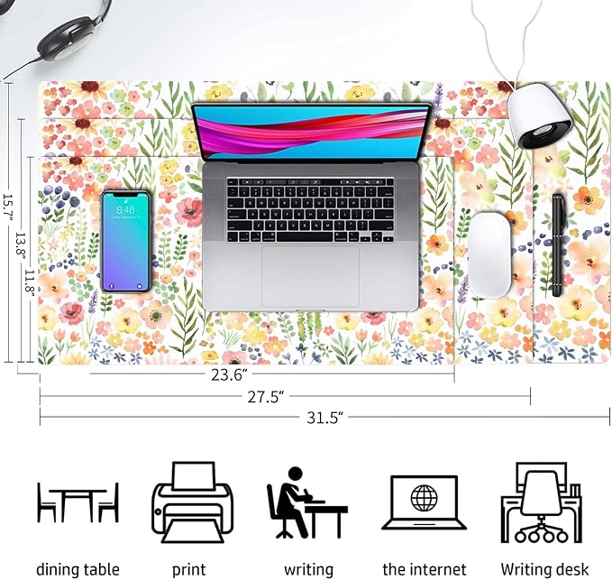 Flower Large Mouse Pad, Floral Desk Matt for Desktop, PU Leather Waterproof Desk Pad, Computer PC Laptop Protector Gaming Mouse Pads for Women Office Decor (31.5" x 15.7")