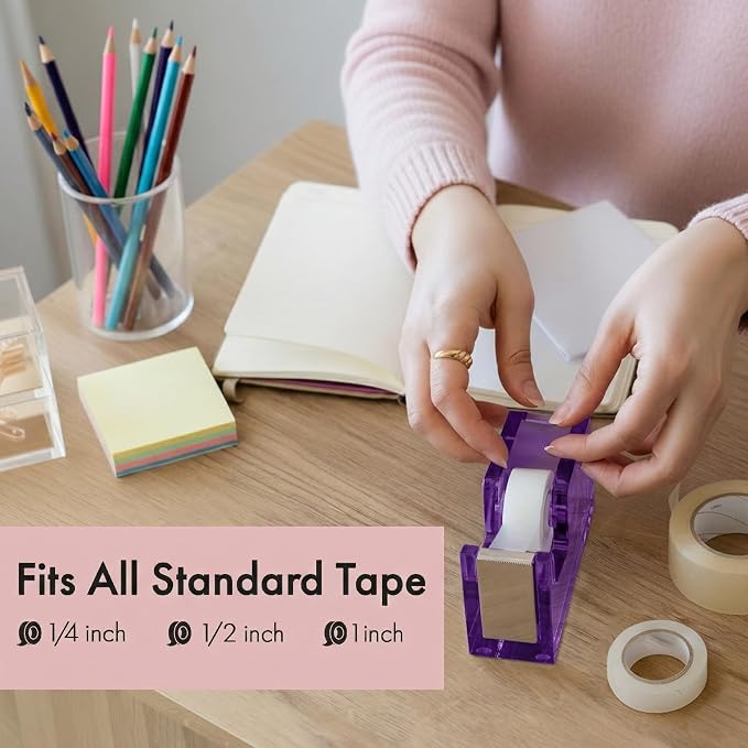 OfficeGoods Acrylic Tape Dispenser – Modern Desk Organizer for Office Supplies, Heavy Duty Refillable Tape Holder for Home and School Crafting, Stylish Desktop Accessory for Gift Wrapping, Purple