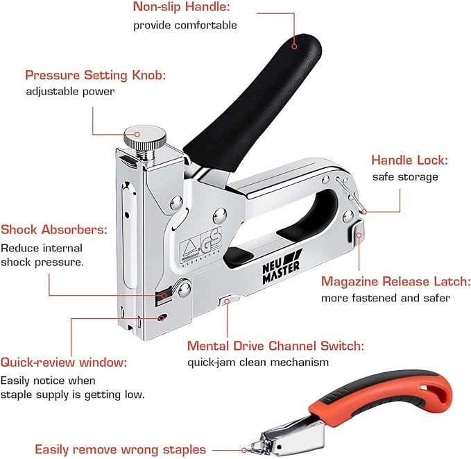 NEU MASTER 3 in 1 Staple Gun, Manual Upholstery Stapler Gun for Wood with 2000 Staples & Staple Remover, Adjustable Power Design for Furniture, Carpentry, DIY, Decoration & Home Repair