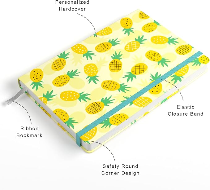Lined Journal Notebook, Hardcover Journal for Women, Medium 5.7 x 8.4 in, 160 Pages Thick Paper, Cute Aesthetic Floral College Ruled Notebook for Writing Journaling Work School Office,Pineapple