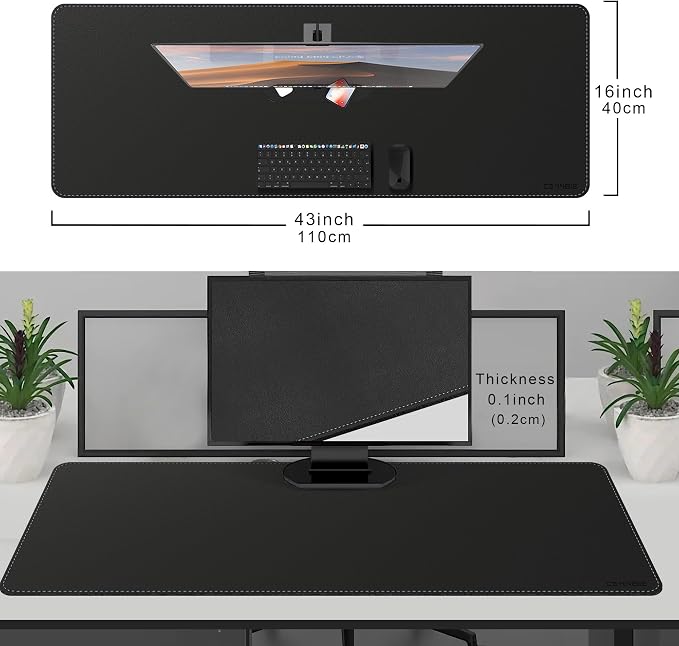 CENNBIE Leather Desk Mat - 43.6" x 16" Oversized Mouse Pad, Black | Premium stitched edges resist wear. Easy to clean. Protects desk from spills, stains ,scratches. Smooth glide. Office & home.