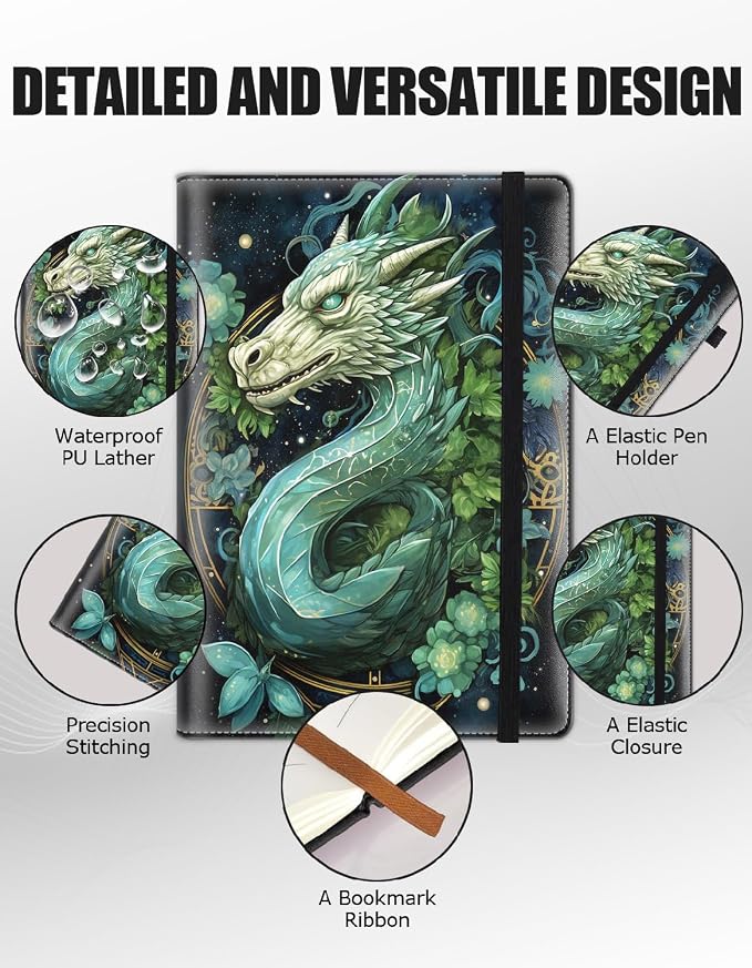 Hardcover Executive Notebooks, A5 PU Leather Lined Journal Notebook, 200 Pages Thick Paper Subject Notebooks for School,Work,Home Writing Business Notebook, Diary Book ， Green Dragon