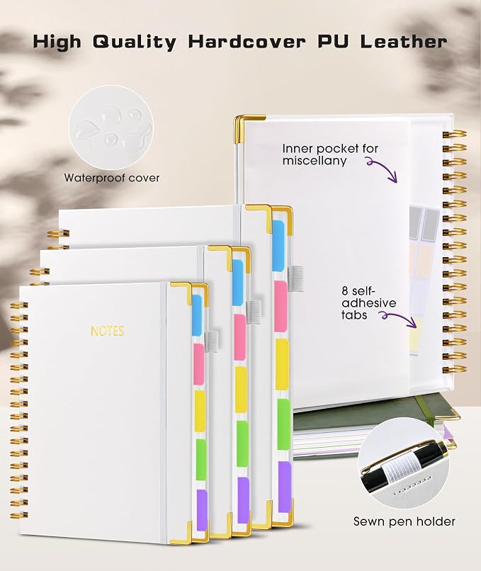 Hardcover Spiral Notebook Journal with Removable Dividers Tabs, 300 Pages Leather 5 Subject Notebook College Ruled, 8"x10" Large B5 Notebooks for Work School Note taking, Lined Journal for Women, White