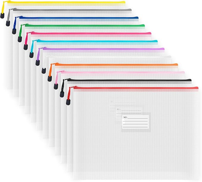 Plastic Mesh Zipper Pouch, 12Pcs Zipper File Bags with Label Pocket, Game Boards Storage Bags, Waterproof Document Storage Bags for Office Home Travel Cosmetic (B4 Size 15x11 in)