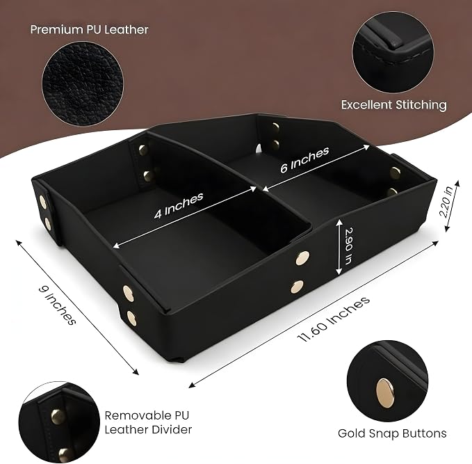 Valet Tray Organizer for Men & Women - PU Leather Catch All Tray with Removable Divider - EDC Storage for Keys, Watch, Phone - Nightstand, Dresser & Desk Organizer - Obsidian Black