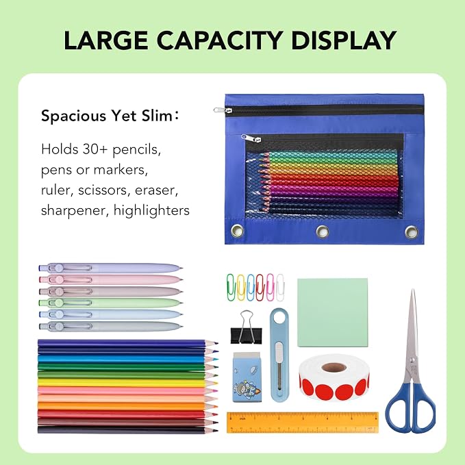 Pencil Pouch for 3 Ring Binder, Heavy Duty Canvas Dual Zipper Pen Bag with Clear Window, Smooth Metal Zipper, Fit Standard 3-Ring Binders for School Office Travel Supplies (Blue)