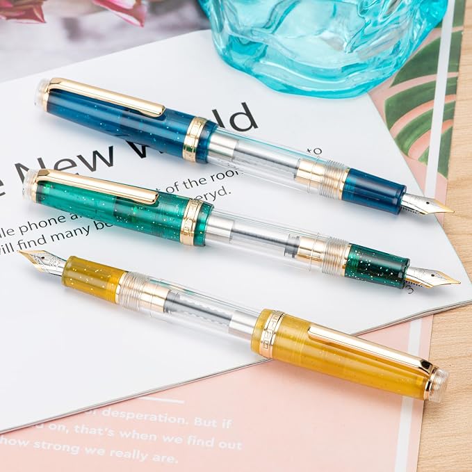 Jinhao 82 Acrylic Fountain Pen, Iridium Bent Nib with Ink Converter, Vintage Mustard Yellow & Transparent Color Classic Design Smooth Writing Pen (Gold Trim)