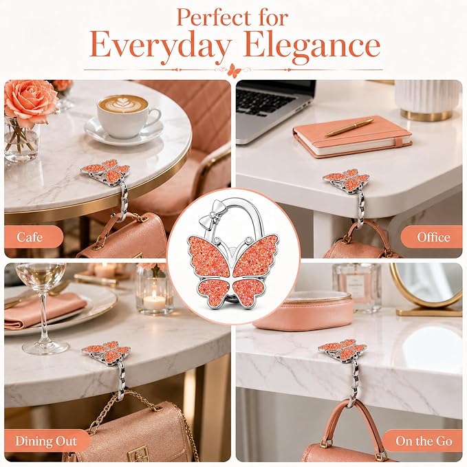 Purse Hook for Table, Foldable Handbag Hanger for Women, Portable Bag Holder with Non-Slip Base, Cute Red Glitter Butterfly Purse Table Hook for Restaurant Office Travel Gift