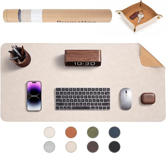 Premium Faux Leather Desk Mat & Tray Set，Innovative Cork-Look Printed Base，Gift Tube Packaging，Full-Desk Coverage，Non-Slip Desk Pad for Office Home（Warm Beige）