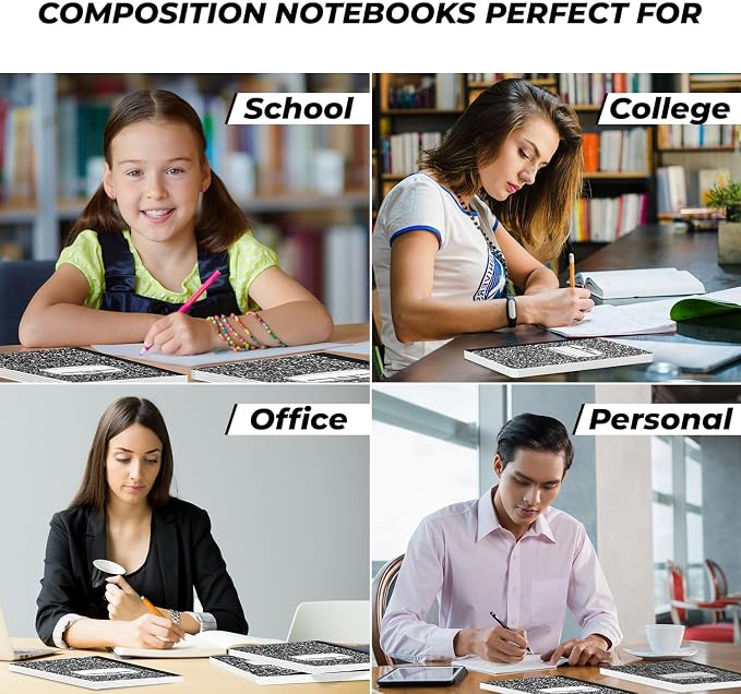 Rosmonde 100 Pack Black Marble Composition Notebooks, College Ruled, 200 Pages (100 Sheets), 9-3/4 x 7-1/2, Hard Cover Composition Book, Bulk School Supplies, Bulk Notebooks for School & College