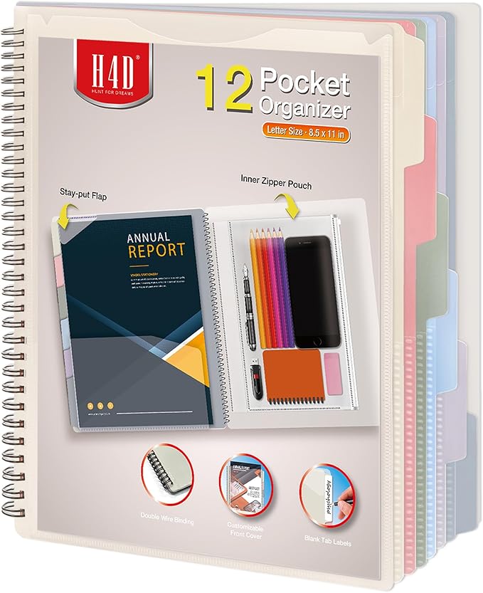 H4D 12 Pocket Poly Project Organizer, Multi Pocket Folder, Pastel Colors | 12 Pocket, Spiral, Multi-Subject, Folder Notebook, Letter Size