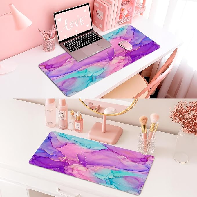 Britimes Purple Blue Marble Desk Mat Golden Painting Deak Pad Non-Slip PU Leather Large Keyboard Mouse Pad Office Desktop Accessories for Office,Work,Home Decor(31.5"X15.7")