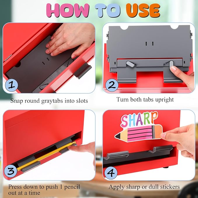 Mifoci 8 Pcs Wooden Pencil Dispenser Kit for Classroom Wooden Pen Holder Straw Dispenser Sharp and Dull Letter Stickers for Teachers Classroom Supplies Storage (Red)