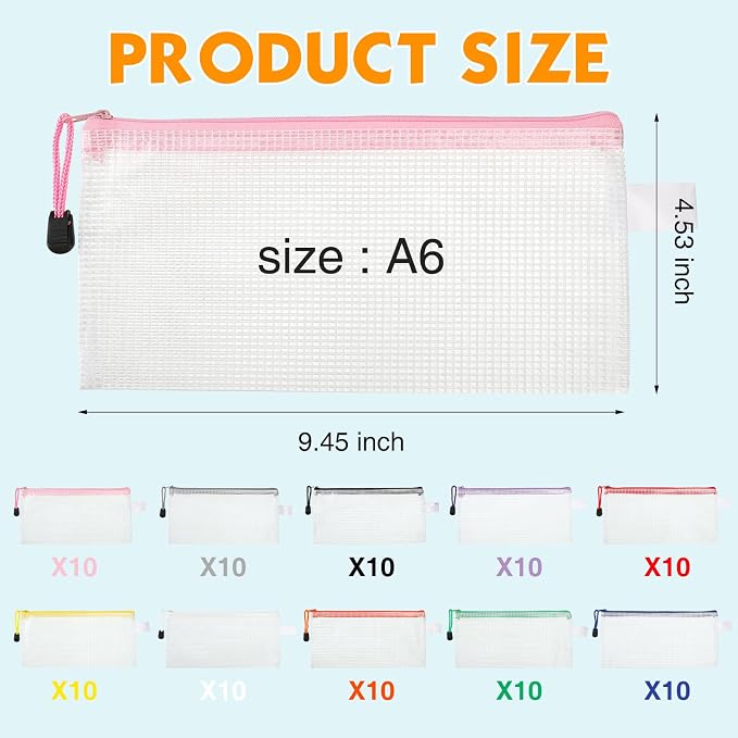 Handepo 100 Pack Mesh Zipper Pouch Pencil Pouches Bulk Clear Storage Bag Small Waterproof Purse Bag Multipurpose for Cash Board Game Passport Office(A6/9.45x4.53in,White Pouch Multicolor Zipper)