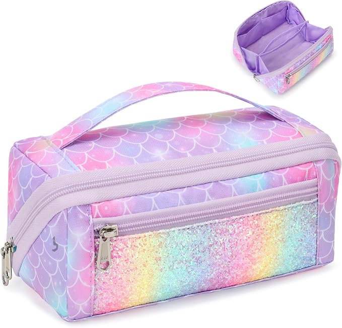 Large Pencil Case for Girls, Aesthetic Pencil Pouch for School, Wide Opening Organizer Box with Handle, Fits 50 Pens & Markers (Glitter Purple Mermaid) | Kids Pencil Case & Wide Handle, Water Resistent Organizer Box,Fits 50 Pens & Markers, Daily Use, G...