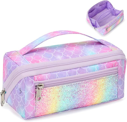 Large Pencil Case for Girls, Aesthetic Pencil Pouch for School, Wide Opening Organizer Box with Handle, Fits 50 Pens & Markers (Glitter Purple Mermaid) | Kids Pencil Case & Wide Handle, Water Resistent Organizer Box,Fits 50 Pens & Markers, Daily Use, G...