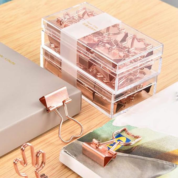 Cactus Binder Clips with Cute Rose Gold Medium Binder Clips in Acrylic Crystal Box for Office School and Home Supplies