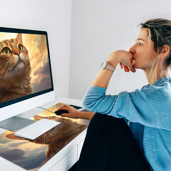 Heated Desk Pad Mouse Pad,Heated Desk Mat,with 3 Heating Levels & 3 Hours Auto Shut-Off,Leather 23.6"*14.2" Gaming Mouse Laptop Mat,Foot Warmer,Orange Cat Sky