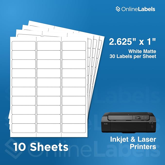 Online Labels Customizable Address & Mailing Labels - 2.625 x 1 - Permanent, White Matte - FBA Inventory, SKU - 30-Up - Pack of 300, 10 Sheets - for Inkjet/Laser Printers