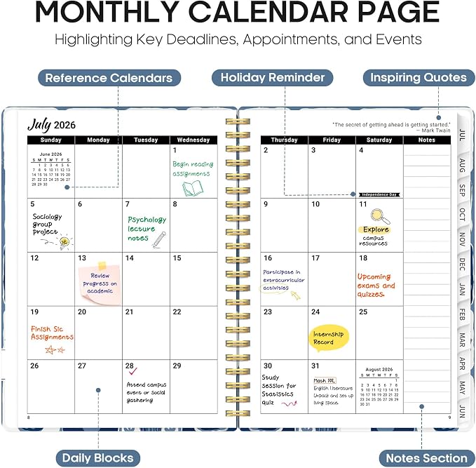 Planner 2026-2027, Academic Year Monthly and Weekly Calendar Planner, Jul 2026 - Jun 2027, Hardcover Teacher Student Planning Agenda book with Tabs, Perfect for School Office Supplies, 6.3" x 8.5" - Blue Art