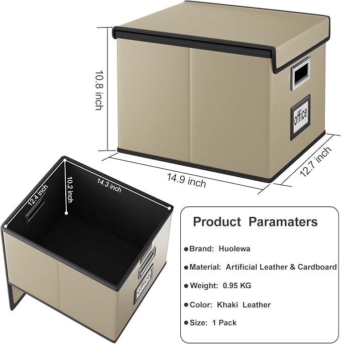 Faux Leather File Organizer Box with Lid, Collapsible Hanging File Folder Box Organizer with Plastic Slides, Decorative Home/Office Filing System Boxes for File and Folder Storage-Khaki