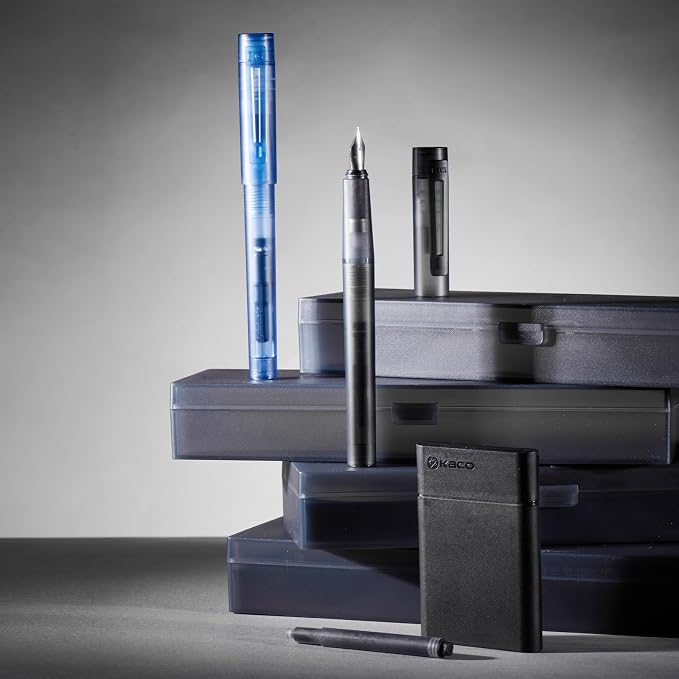 Kaco SKY Fountain Pen with Extra 8 Cartridges, Black Ink Pen with Extra Fine Nib and Ink Converter, Black