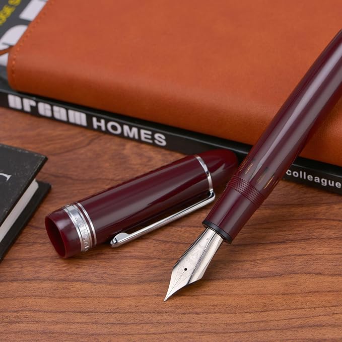 Yongsheng Junlai 930 Acrylic Fountain Pen, Size 9 Broad Nib with Piston Filling System, Wine Red Fence Ink Tank with Torpedo Shape Design Large Hand Pen (Silver Trim)