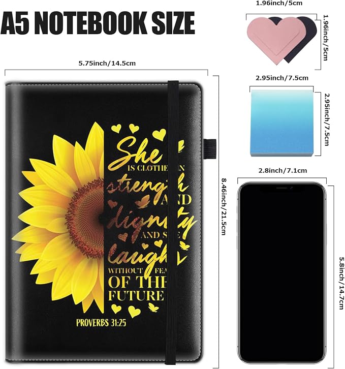 Hardcover Executive Notebooks, A5 PU Leather Lined Journal Notebook, 200 Pages Thick Paper Subject Notebooks for School,Work,Home Writing Business Notebook, Diary Book ，Sunflower Christian Bible