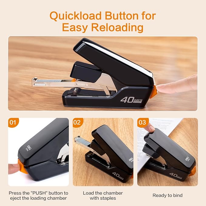 Deli Stapler, Effortless Staplers for Desk, 40 Sheet Capacity Heavy Duty, One Touch, No Effort, Easy to Load,with 2000 Staples & Staple Remover, Good for Office, Home Use, Black