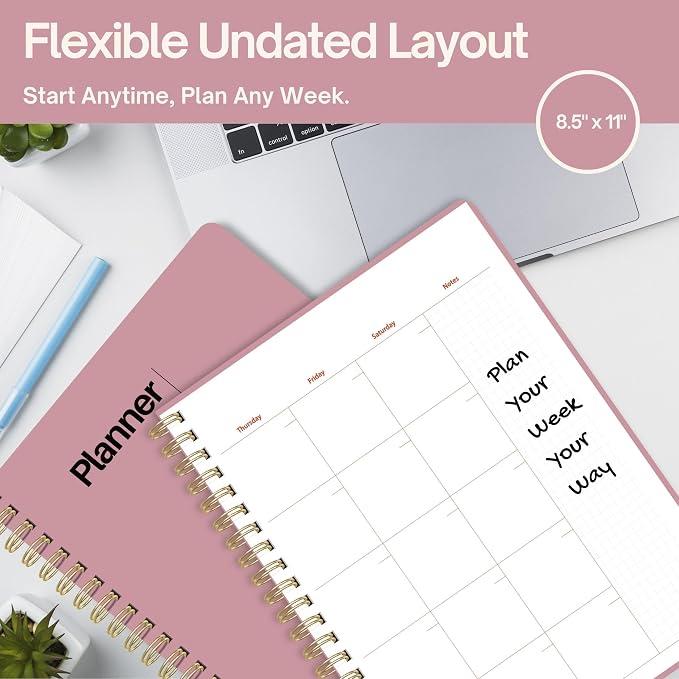 Undated Weekly Planner, 8.5" x 11", Dashboard Layout, Pink | Dateless, Top Priorities, To Do List, Habit Tracker, Weekly Notes Space, Weekly Reflection, For Work, School & Life