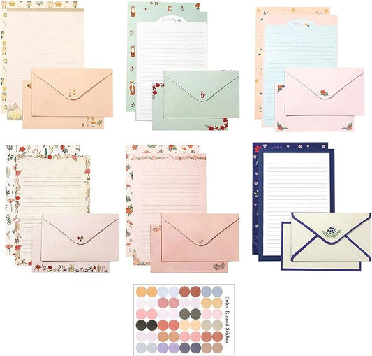 55 Pcs Stationery Paper Envelopes Set Includes 36 Lined Writing Stationery Paper & 18 Envelopes with 48 Round Dot Stickers, Cute Animal Letter Writing Stationary Paper Envelopes (6 Style)