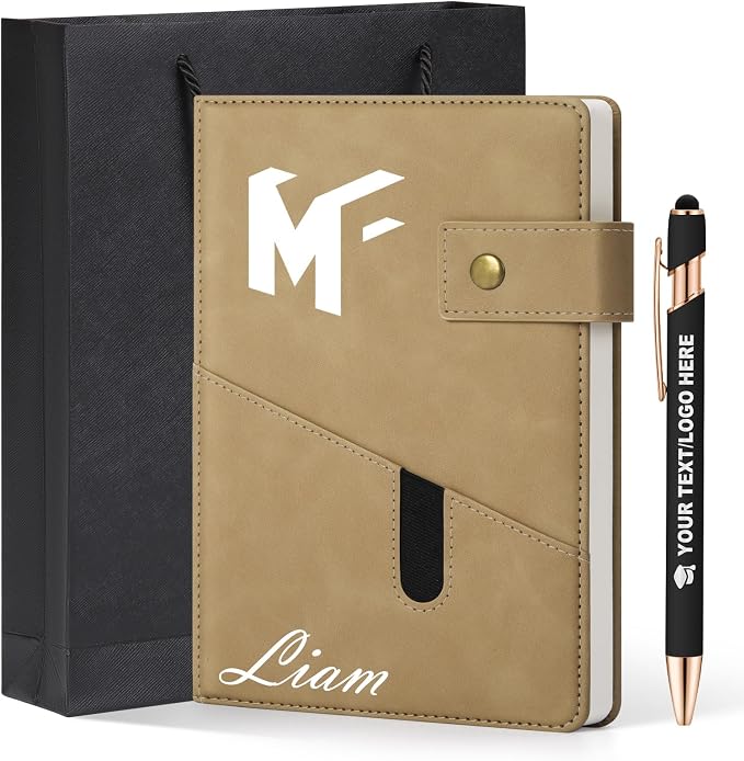 ENOMY A5 Personalized Notebook Journal with Pen & Gift Set Custom Hardcover Notebook 200 Pages Thick Daily Diary for Men Women Lined Journal for Work College Travel Writing, Khaki
