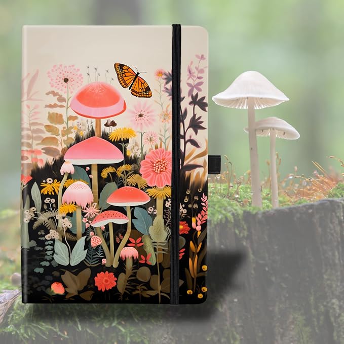 RICCO BELLO Lined Journal Notebook, Mushroom Garden, Hardcover | College Ruled, 96 Sheets / 192 Pages, 5.7 x 8.4 Inches, Pen Holder, For Work & Notes