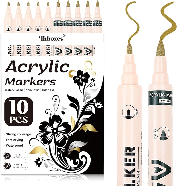 Thboxes Gold Paint Markers 10 Pack, Dual Tip Acrylic Pens | 1mm Fine Tip & 1-5mm Brush Tip, Water-Based Ink, Works On Wood, Glass, Rock, Plastic, Canvas and Fabric