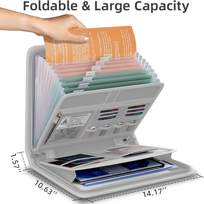 Fireproof Accordion File Organizer, Expanding File Folder with 13 Pockets | Portable Document Organizer with Waterproof Zipper & Labels, File Organizer for Important Document/Paper Storage, Gray