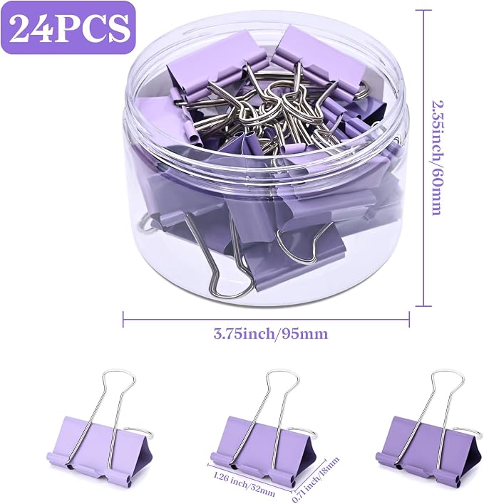 Temiary Aesthetic Binder Clips, Medium Metal Binder Clip with Clear Storage Container, Binding Paperwork Clamps for School Teachers Office Supplies (Purple 1.26 Inch, 24P)