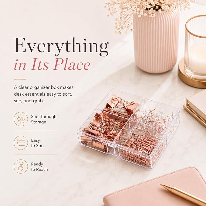 Cute Paper Clips Binder Clips Combo Set, 165 Psc, Assorted Size Paper Clips for Office, Cute Office Supplies Set, Rose-Gold