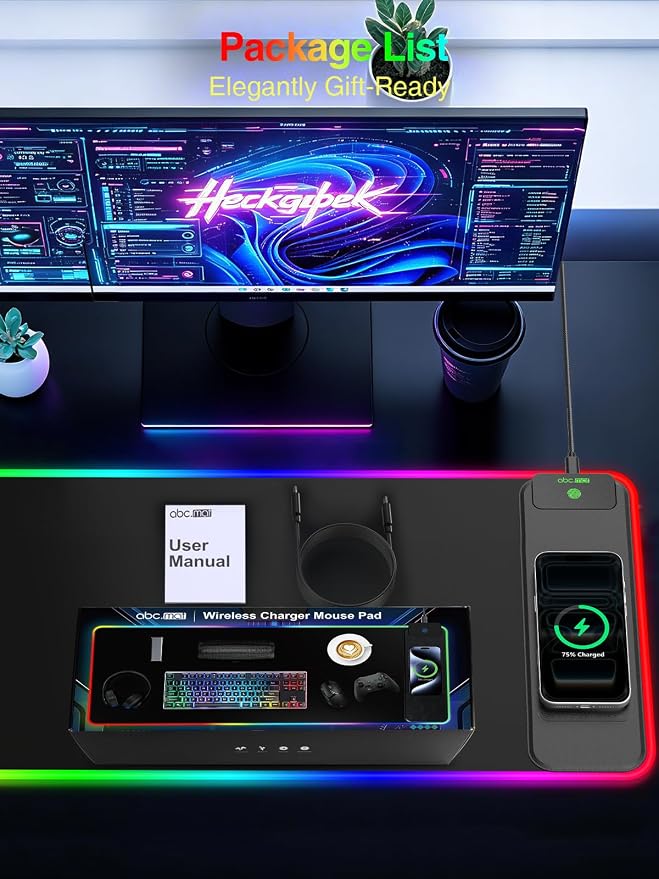 Wireless Charging Mouse Pad Gaming, 31.5"x11.8" Large Desk Mat, Waterproof | RGB Mousepad, Smooth Glide, Stitched Edge, Non-Slip Rubber Base, Desk Pad Computer Keyboard Mat, No Adapter