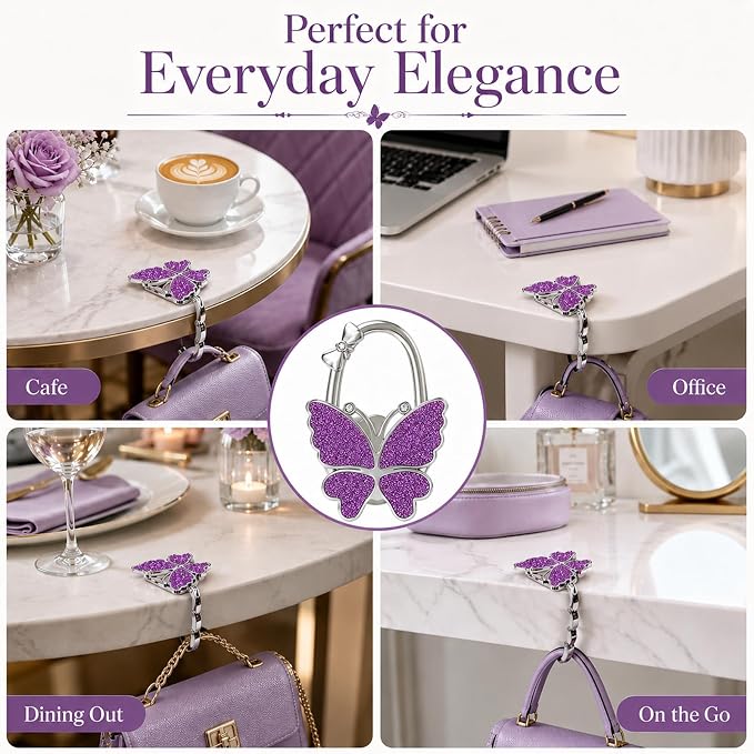 Purse Hook for Table, Foldable Handbag Hanger for Women, Portable Bag Holder with Non-Slip Base, Cute Bling Purple Butterfly Purse Table Hook for Restaurant Office Travel Gift
