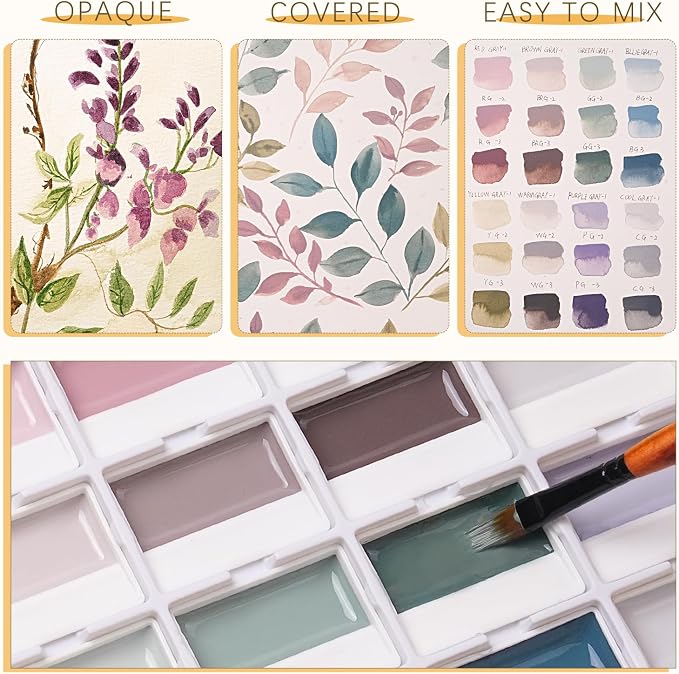 Fuumuui Watercolor Paint Set - 24 Color Opaque Semi-Solid Watercolor, Muted Gray Tones Sets Professional Adult Beginner Artist Supplies for Realistic Landscape Hobbyists Art Painting
