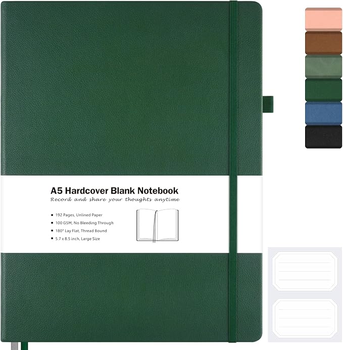 Blank Notebook, Hardcover Sketchbook, Leather Unlined Journal for Women Men | No Bleed Thick Paper Sketch Book for Drawing/Writing/Journaling, Lay Flat, A5 Portable Size for Work, School, and Travel