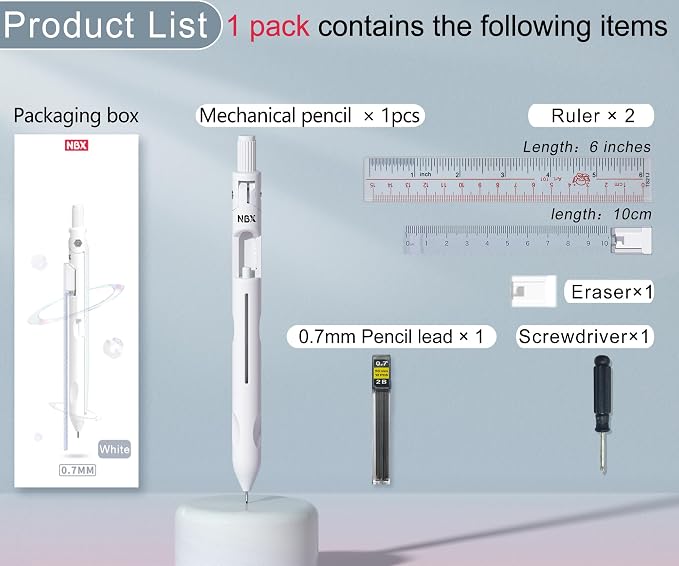 Cute Mechanical Pencil, Metal Grip, Refillable for School Supplies Kid Student Writing, Drafting Drawing Sketching, Mechanical Pencils Set with Lead Refills & Compass & Ruler & Eraser (White,1-PACK)