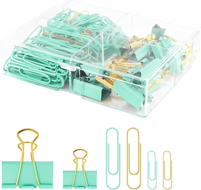 Green and Gold Paper Clips Binder Clips Set with Storage Box, 165 Psc, Assorted Size Decorative Office Clips, Cute Desk Accessories for School, Home Office, Planner, Journal and Documents