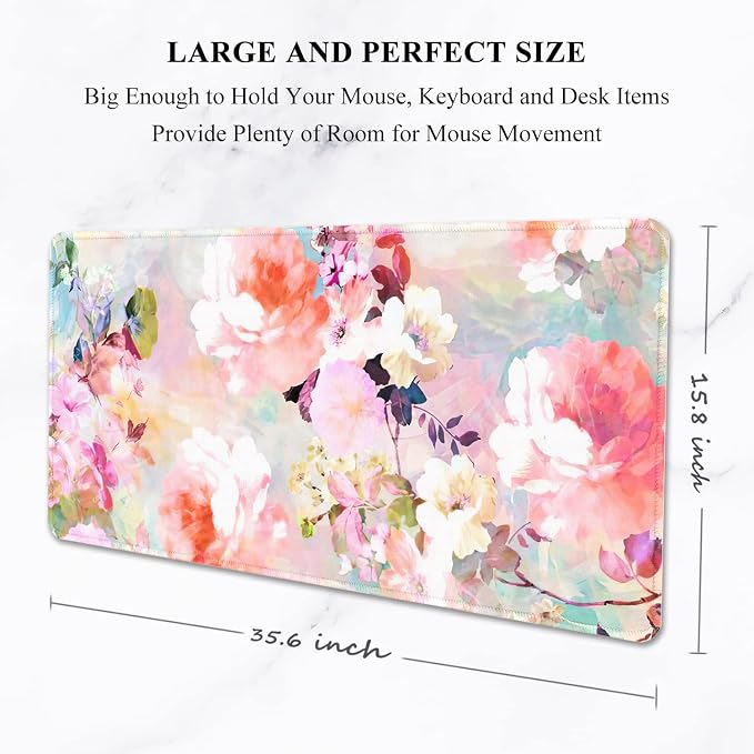Auhoahsil Desk Pad, XXL Large Mouse Extended Gaming Mousepad, Cute Mat for Women, Big Office Accessories Pad Computer Keyboard and Laptop, 35.5 x 15.7 Inch, Pretty Pink Flowers, Girly Flowers