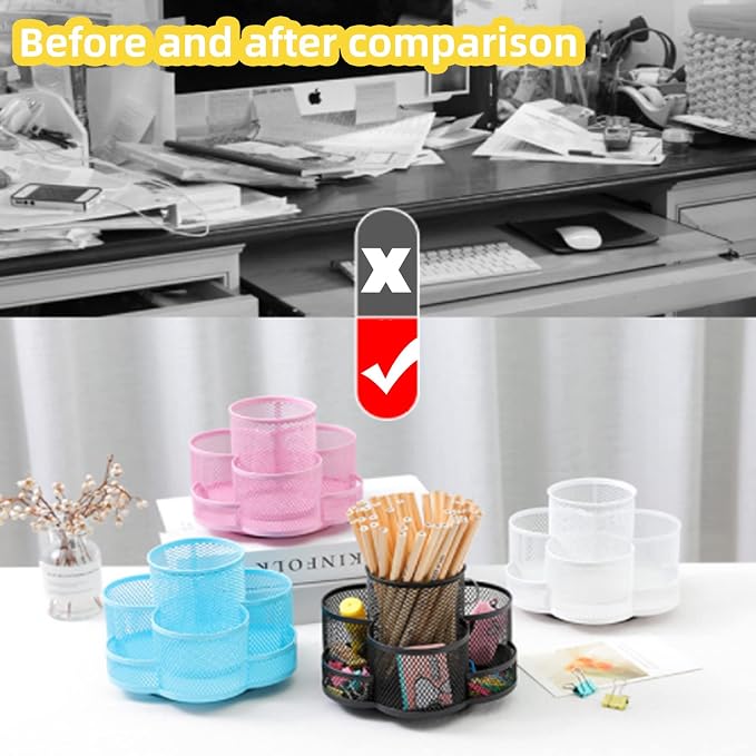 360 Rotatable Metal Mesh Desktop Pen Holder Pencil Holder Pencil Organizer Stationery Organizer Pen Pot Makeup Brush Organizer for Home School Office (Blue)