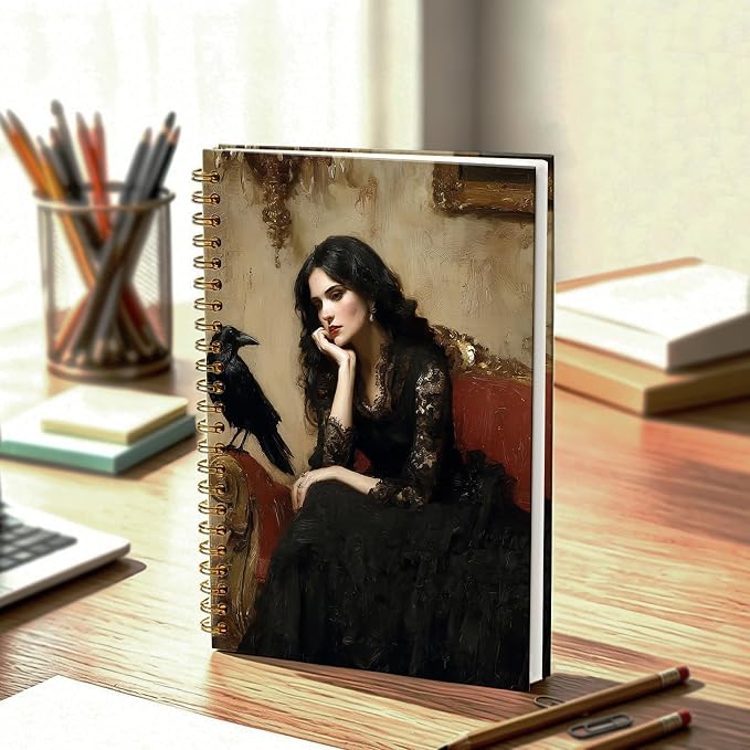 HOXUNQINA Dark Academia Gothic Lady and Raven Journal Notebook 5.5x8.3 | Raven Gifts for Women Journal, Gothic Office Supplies, Vintage Dark Romance Moody Aesthetic Notebooks for Work