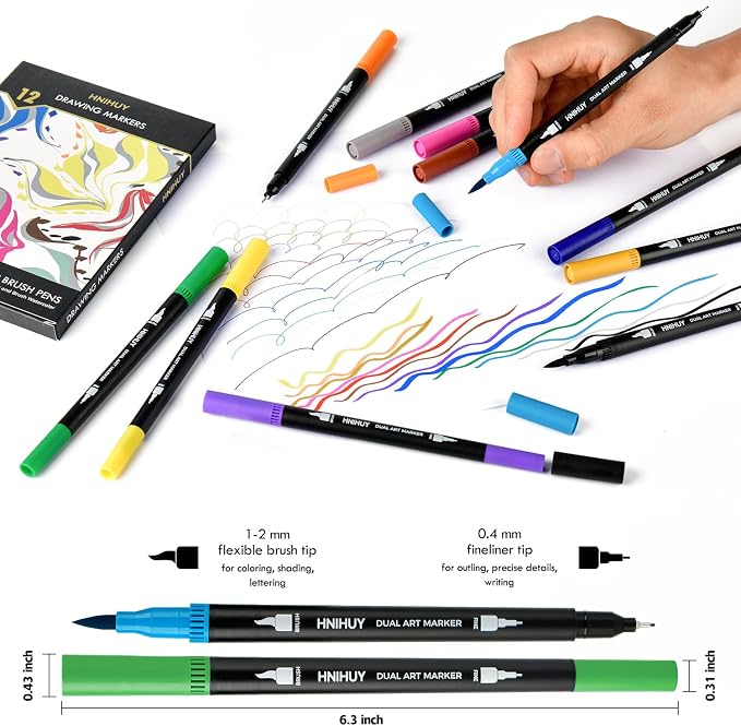Drawing Pens - Brush Pens Markers for Art Drawing,Sketching | Dual Brush Markers Pens for Artists, Fine & Brush Markers for Art Drawing, Outlining, Manga, Calligraphy Pens