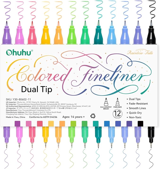 Ohuhu 12 Colors Brush & Fineliner Dual Tips Colored Drawing Pens for Adults | Waterproof & Alcohol-proof Brush Micro Pens for Artists & Beginners Drawing Sketching Bullet Journal Outlining Office Class