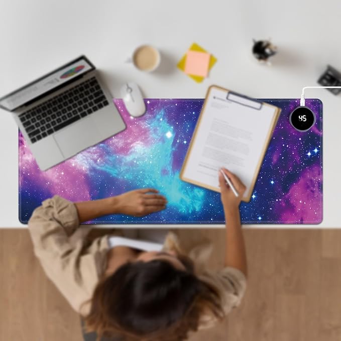 Heated Desk Pad Large Mouse Pad 31.5 x 13 inch with 3 Levels Heating & Auto Shut-Off Warm Mouse pad PU Leather Computer Mousepad for Home Office Work - Beautiful Galaxy